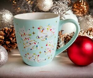 NEW Peppermint & Pine White Cats and Christmas Lights 18oz Coffee Tea Cat Mug